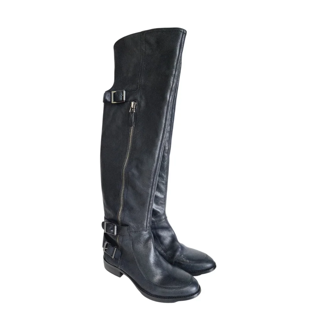 Sam Edelman Paulina Black Leather Over The Knee Buckle Boots Womens Size 8